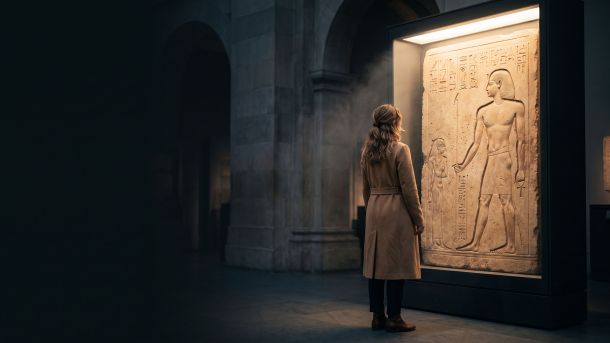 Museum visitor viewing an ancient Egyptian limestone relief of a standing figure, illustrating body ideals in Egyptian art