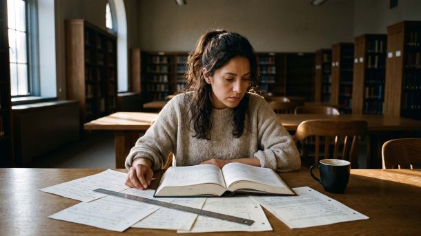 Una mujer leyendo estudios de medición publicados y páginas de revistas científicas en una mesa de biblioteca, como representación de la investigación sobre el rango documentado de los labios menores