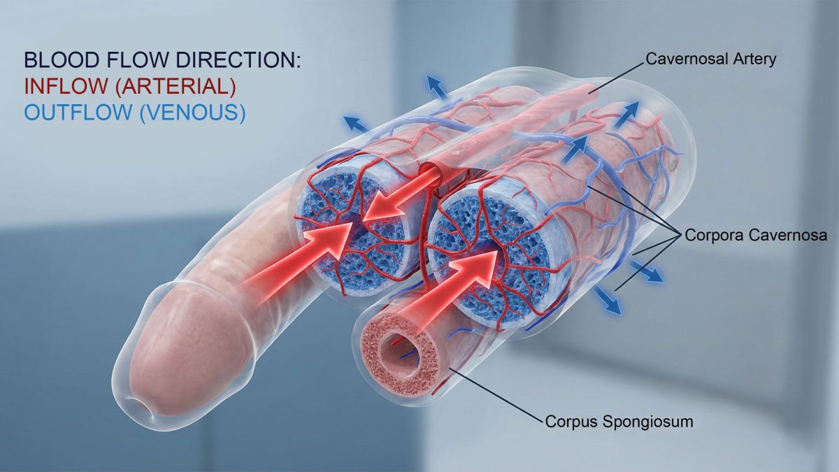Diagram showing the internal hydraulic chambers of the male anatomy during arousal.