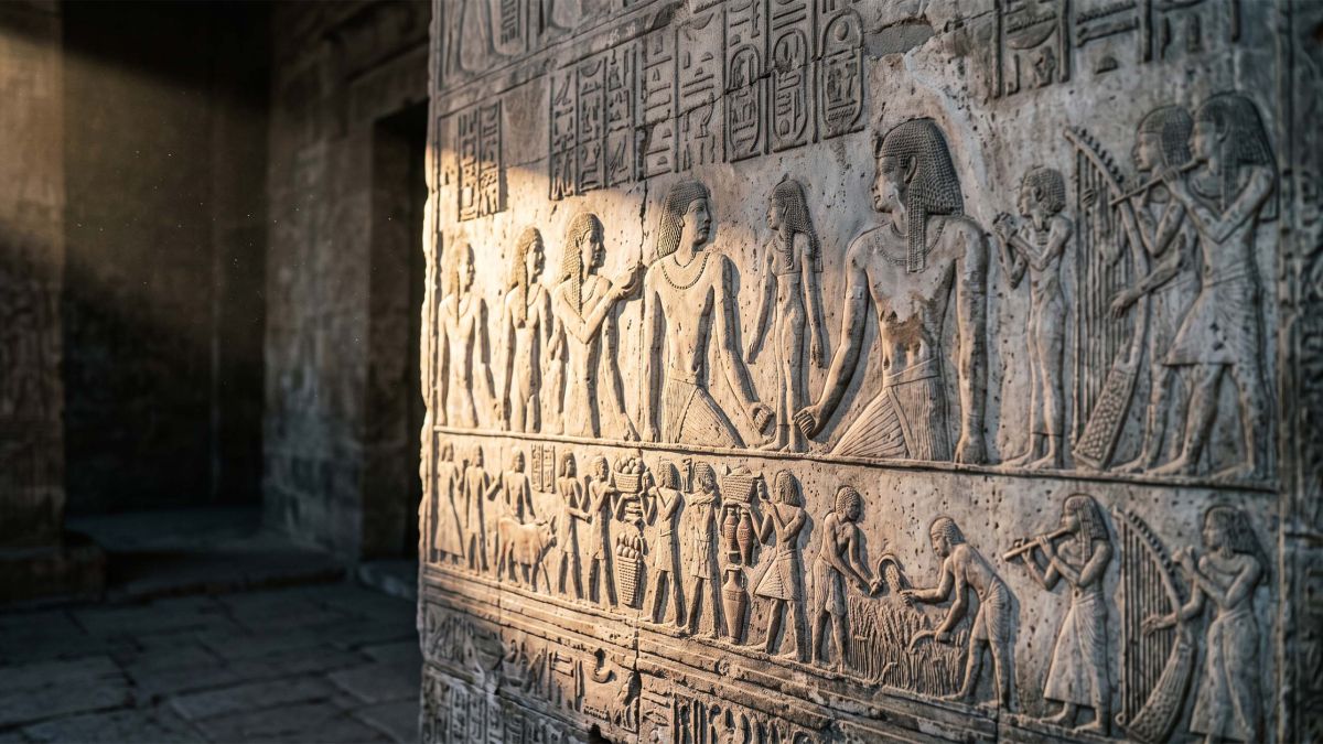 Ancient Egyptian limestone relief in raking light, referencing the earliest documented depiction of ritual circumcision at Saqqara