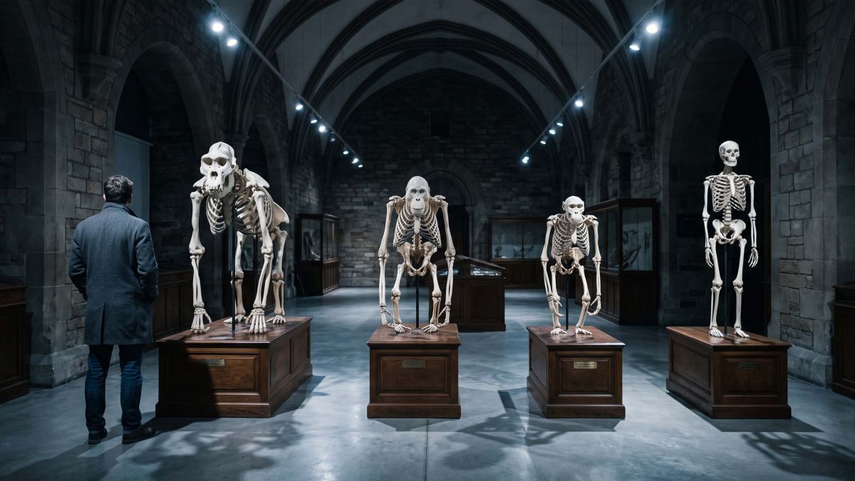 Four great ape skeletons — gorilla, orangutan, chimpanzee and human — displayed in a row in a natural history museum comparative anatomy hall