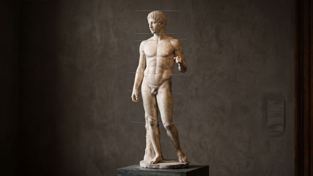 Classical Greek marble male figure with proportion guide lines showing the ancient canon of body measurement