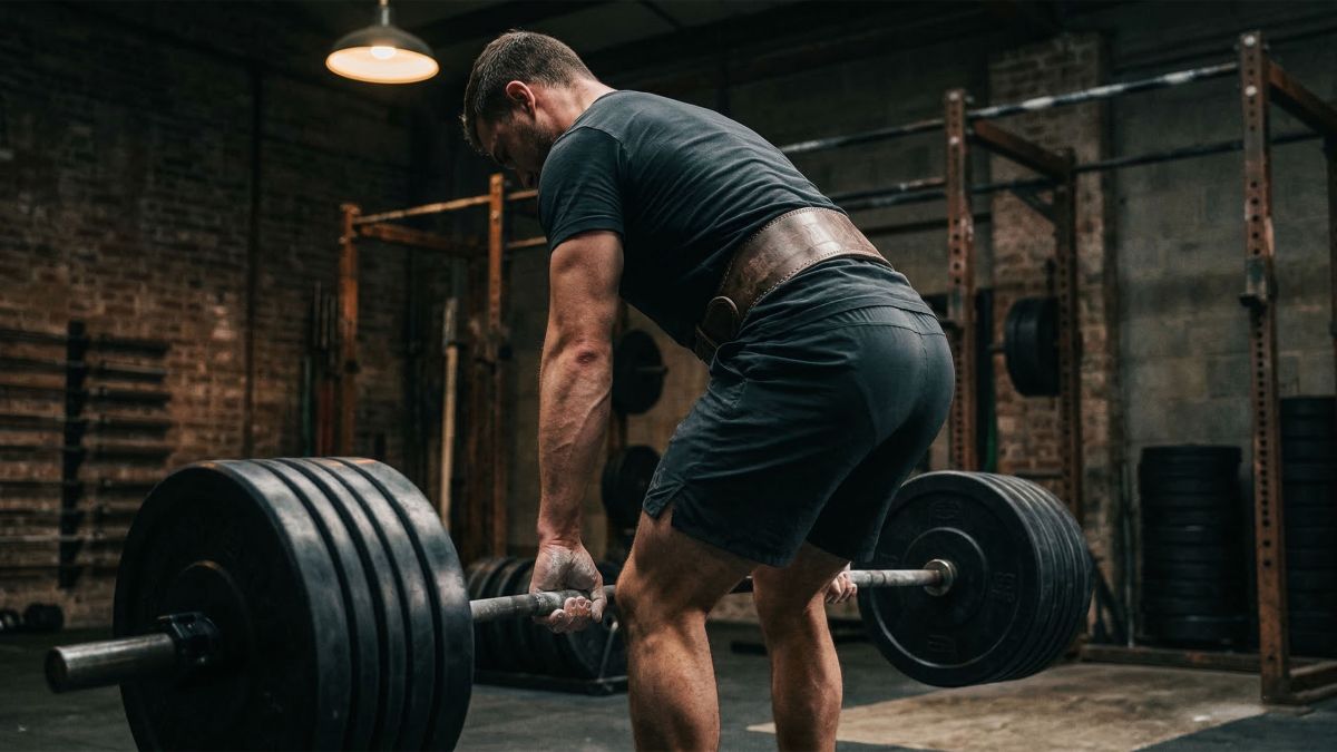 Man performing a heavy barbell deadlift with full-body brace, representing pelvic floor engagement and core stability in male athletes