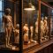 Modelos didácticos del desarrollo humano del siglo XIX en una vitrina iluminada de biblioteca que ilustran la anatomía embrionaria