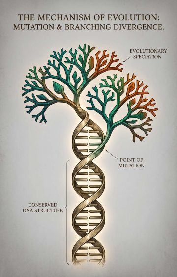 Conceptual digital art of a DNA strand branching out, representing evolutionary anomalies.