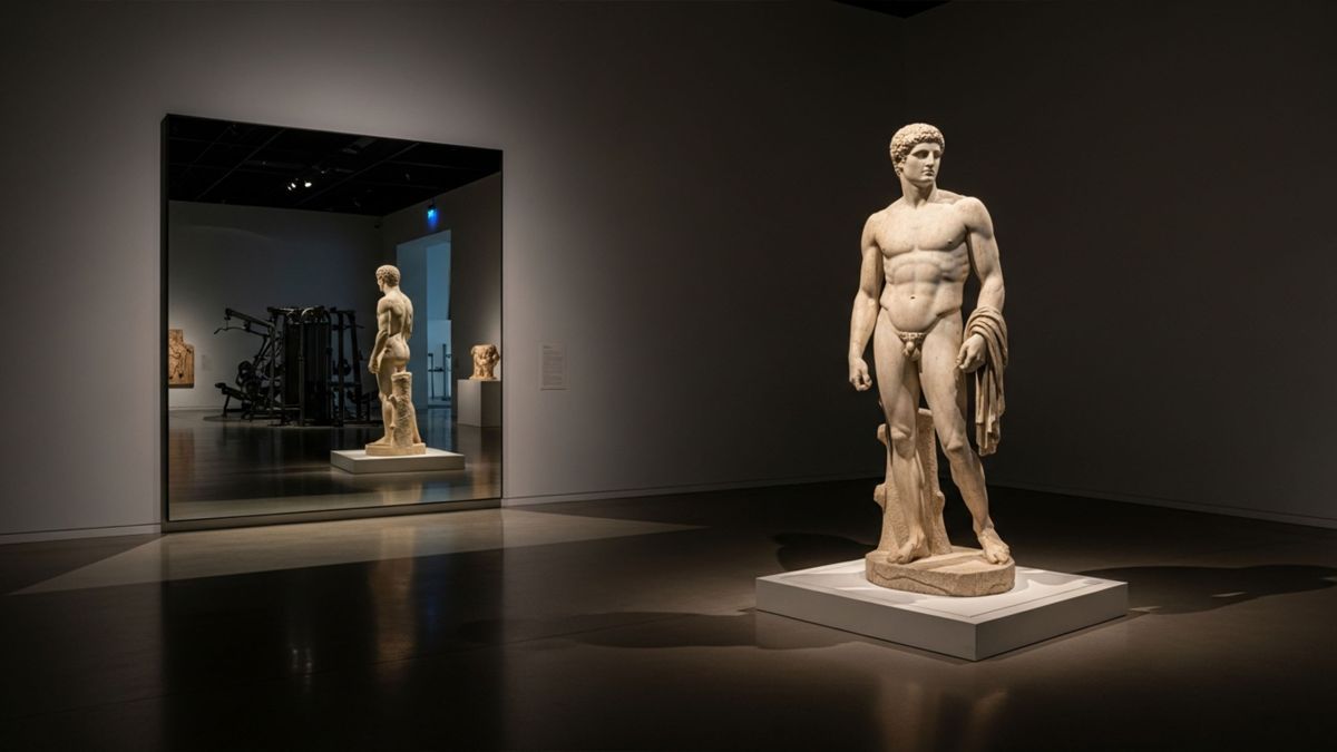 Classical male statue and modern gym mirror showing how culture shapes the ideal male body
