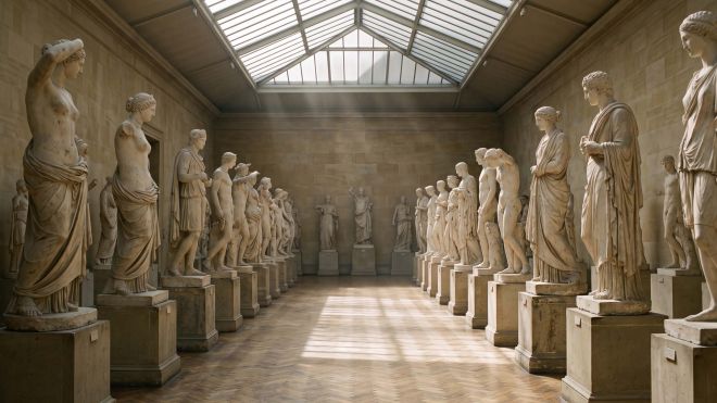 Rows of plaster anatomical study casts in a museum cast court lit by an overhead skylight, illustrating documented variation in the human form