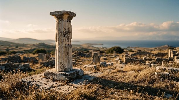 Weathered marble pillar monument at an ancient Greek sanctuary site at golden hour, representing sacred symbolism in Dionysiac religion
