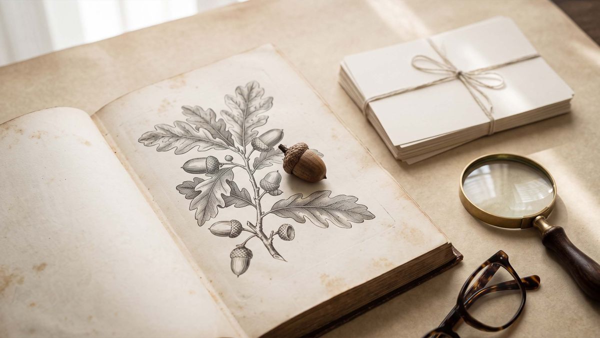 Antique botanical reference book open to an oak engraving with a single dried acorn resting on the page, illustrating the Latin origin of the anatomical term glans