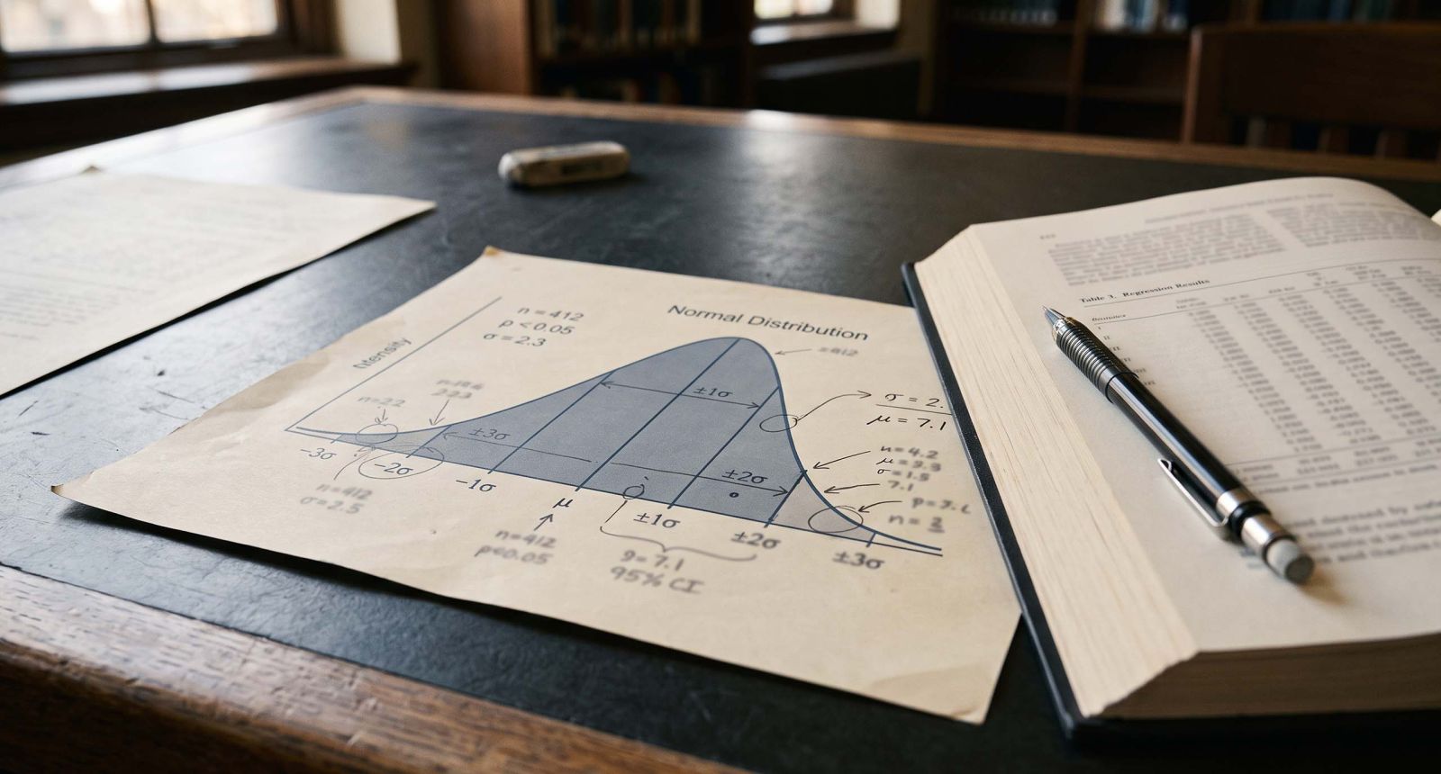 A hand-annotated statistical distribution curve on a reading room table beside a steel rule and an open journal