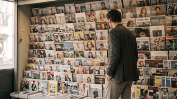 A person standing before a wall of international magazine covers, representing how global media carries body ideals across cultures