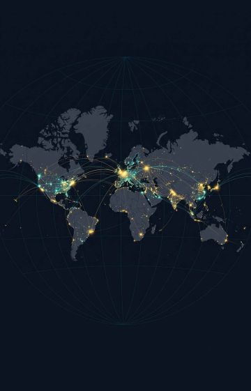 Minimalist vector world map with data points representing global anthropometric statistics challenges.
