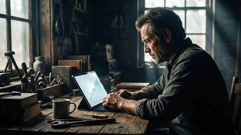 A man critically analyzing data trends on a digital tablet in a study.