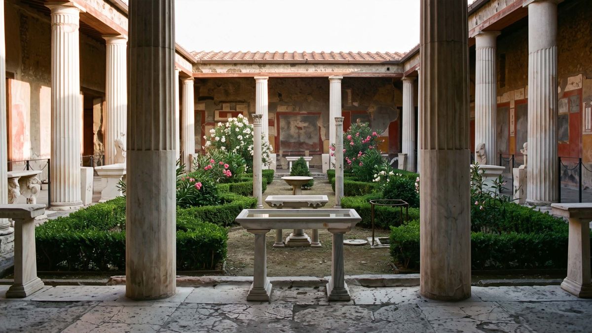 Sunlit Roman peristyle garden courtyard with marble colonnade, clipped hedging and a central water basin, the kind of enclosed garden Greco-Roman guardian figures were set to protect