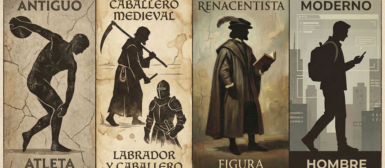 Ilustración que muestra cómo los ideales del cuerpo masculino variaron a lo largo de las eras históricas, desde la Antigua Grecia hasta la era moderna