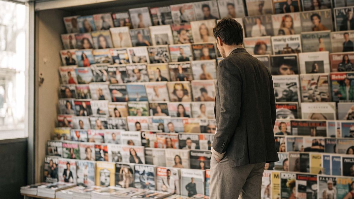 A person standing before a wall of international magazine covers, representing how global media carries body ideals across cultures