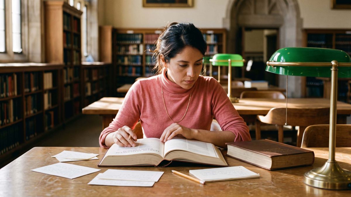 Una mujer estudiando un léxico anatómico latino abierto en una sala de lectura de una biblioteca, ilustrando el origen y el uso correcto del término vulva