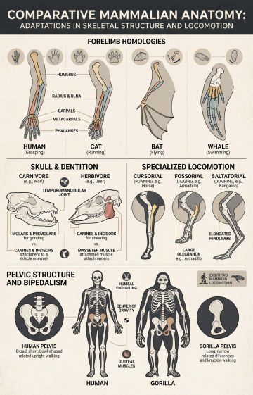 Museum-style vector graphic showcasing comparative mammalian anatomical structures across species.