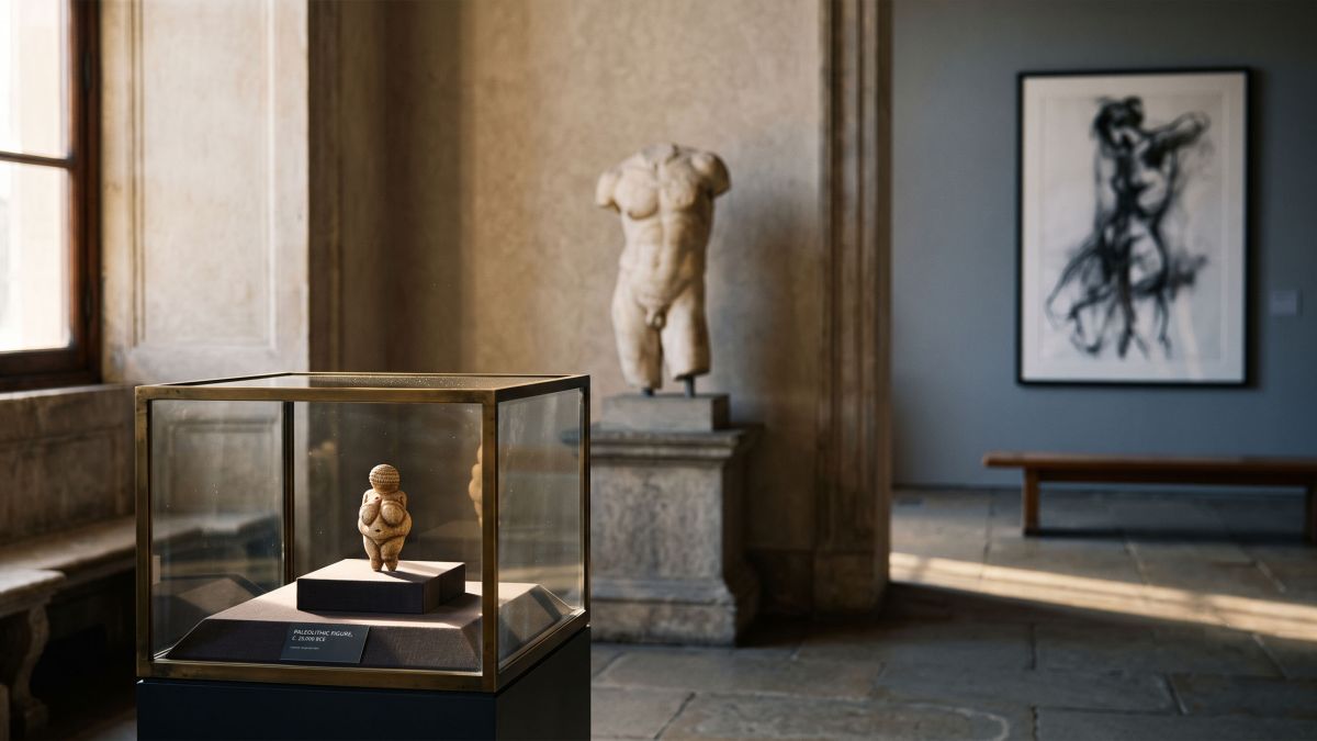 Museum gallery showing a prehistoric carved figurine, a classical marble torso and a modern figure study, illustrating how art history depicted the human body