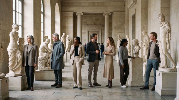 diverse group among classical sculptures illustrating cultural attitudes toward body size and social status