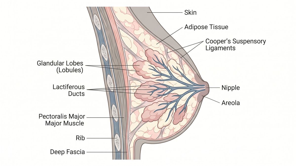 Detailed anatomical cross-section illustration of the female breast showing lobules, ducts, fatty tissue and Cooper's ligaments