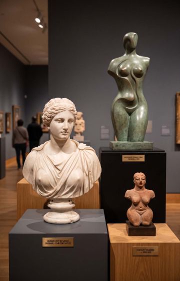 Composite museum display of historical art and anthropological artifacts representing diverse cultural perspectives of the human form.