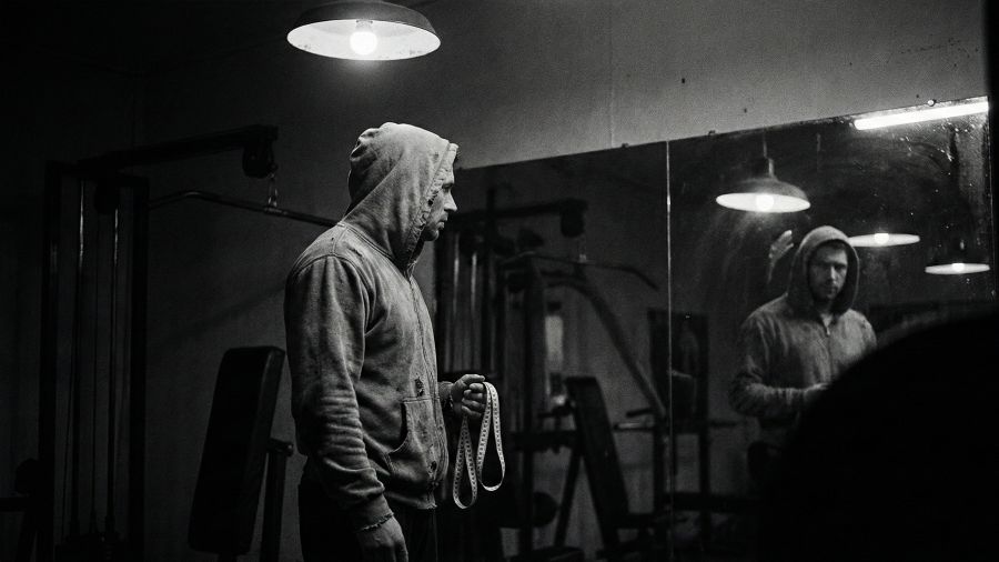 A man examining his reflection, symbolizing the pressure of male physical statistics.