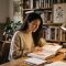 Una mujer lee un libro de referencia de anatomía abierto en un escritorio bajo la cálida luz de una lámpara, ilustrando una guía sobre la anatomía genital externa femenina.