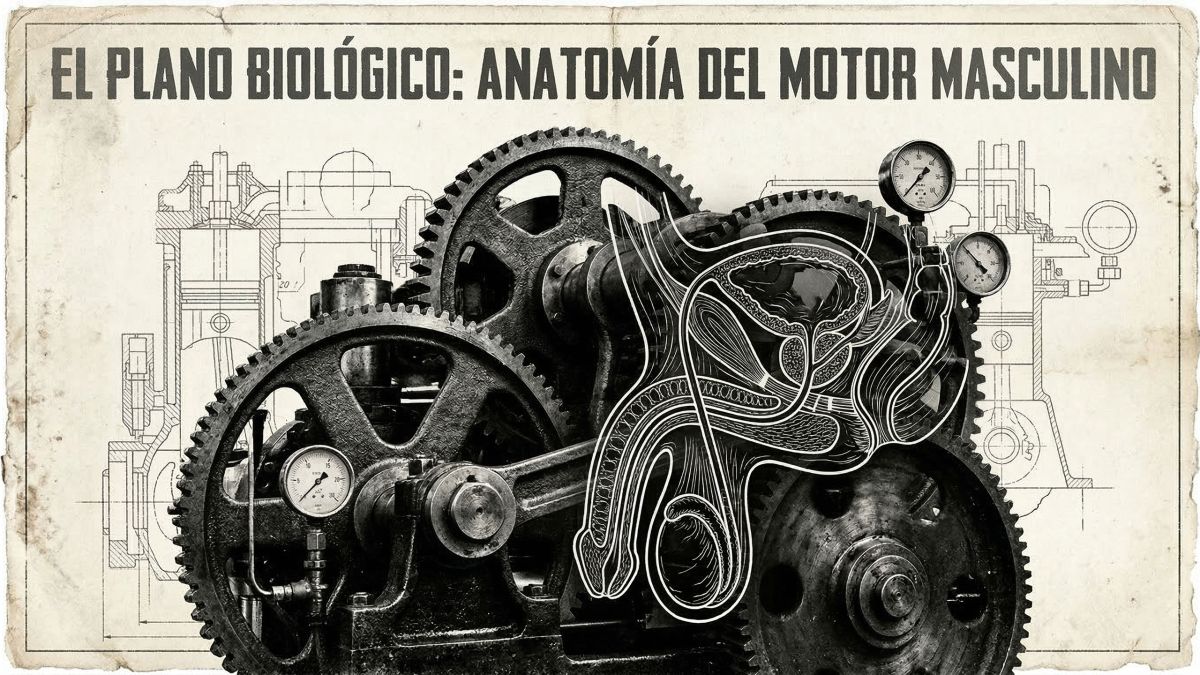 Ilustración estilo plano técnico de estructuras fisiológicas masculinas.
