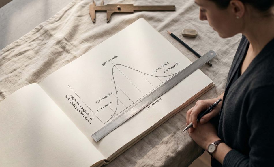 Steel millimeter rule and brass calipers resting on a journal page showing an annotated percentile distribution curve, illustrating how size percentile results are calculated and read