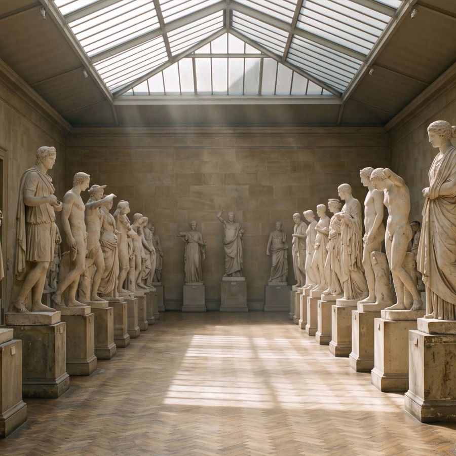 Filas de moldes anatómicos de yeso en una sala de moldes de museo, iluminadas por un tragaluz superior, que ilustran la variación documentada de la forma humana