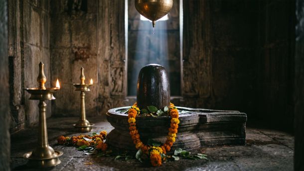A polished stone Shiva lingam in its grooved pedestal inside a temple sanctum, surrounded by marigold offerings during daily ritual worship
