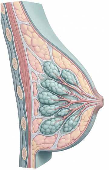 Educational medical illustration of the anatomical cross-section and tissue structure of the human mammary gland.