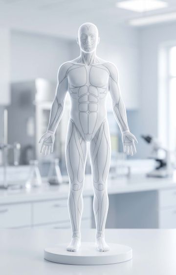 Minimalist scientific anatomy model graphic representing biological self-assessment tests.