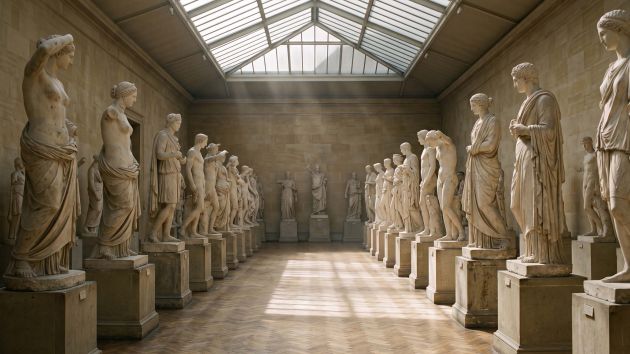 Rows of plaster anatomical study casts in a museum cast court lit by an overhead skylight, illustrating documented variation in the human form