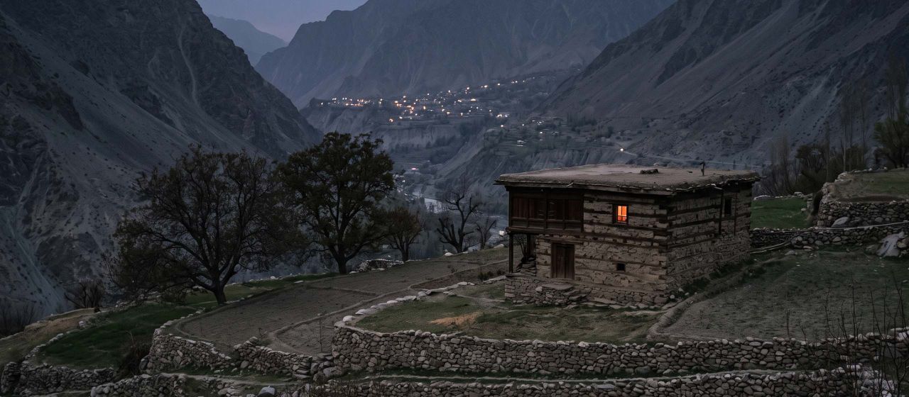 A lamplit stone seclusion house set apart below a terraced mountain village at dusk, illustrating menstruation taboos documented by anthropologists