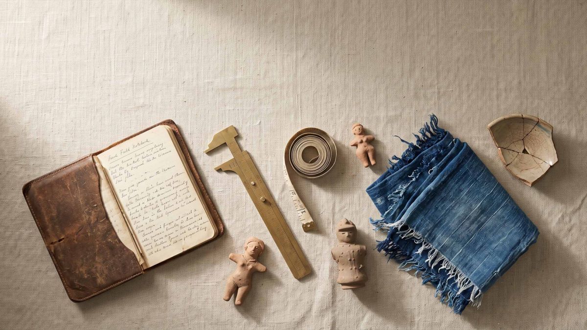 Anthropology field research tools, calipers and terracotta figurines representing cross-cultural body size norms