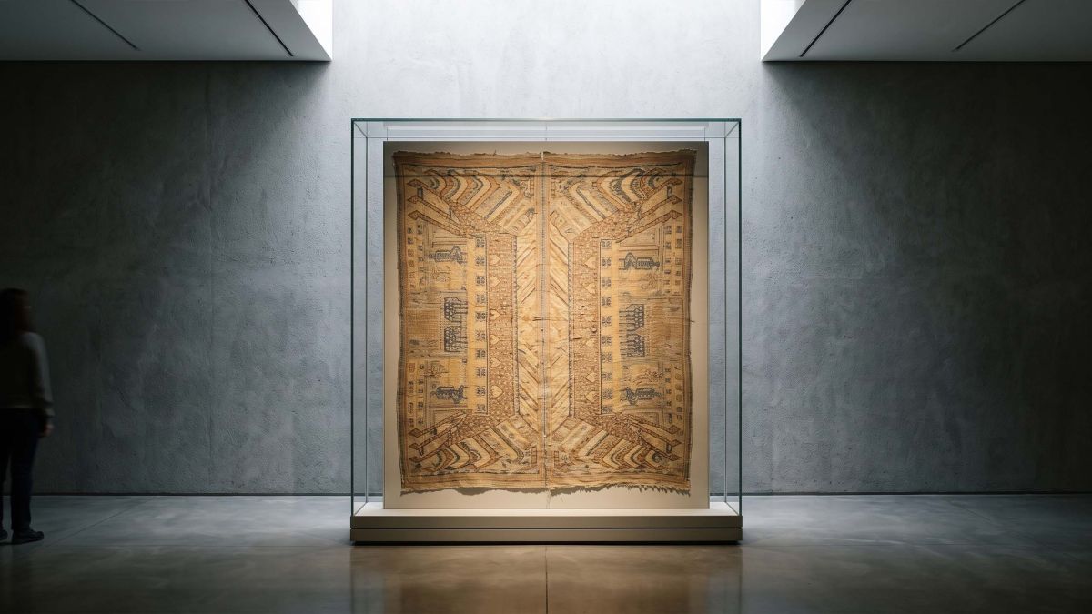 A museum vitrine holding a woven ritual textile used to screen a doorway, lit from above in a quiet gallery