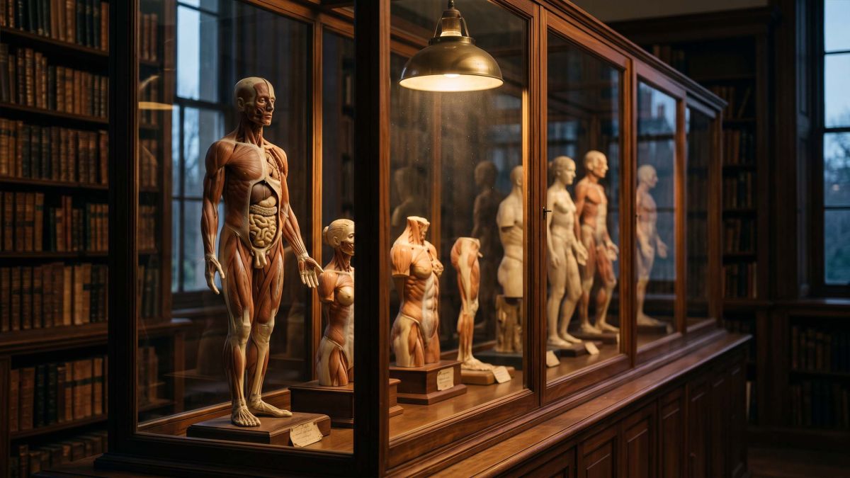 Nineteenth-century human development teaching models in a lit library cabinet illustrating embryonic anatomy