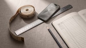 Steel millimeter rule, cloth tape measure and a hand-ruled log book on linen, illustrating the tools and record-keeping behind accurate size measurement