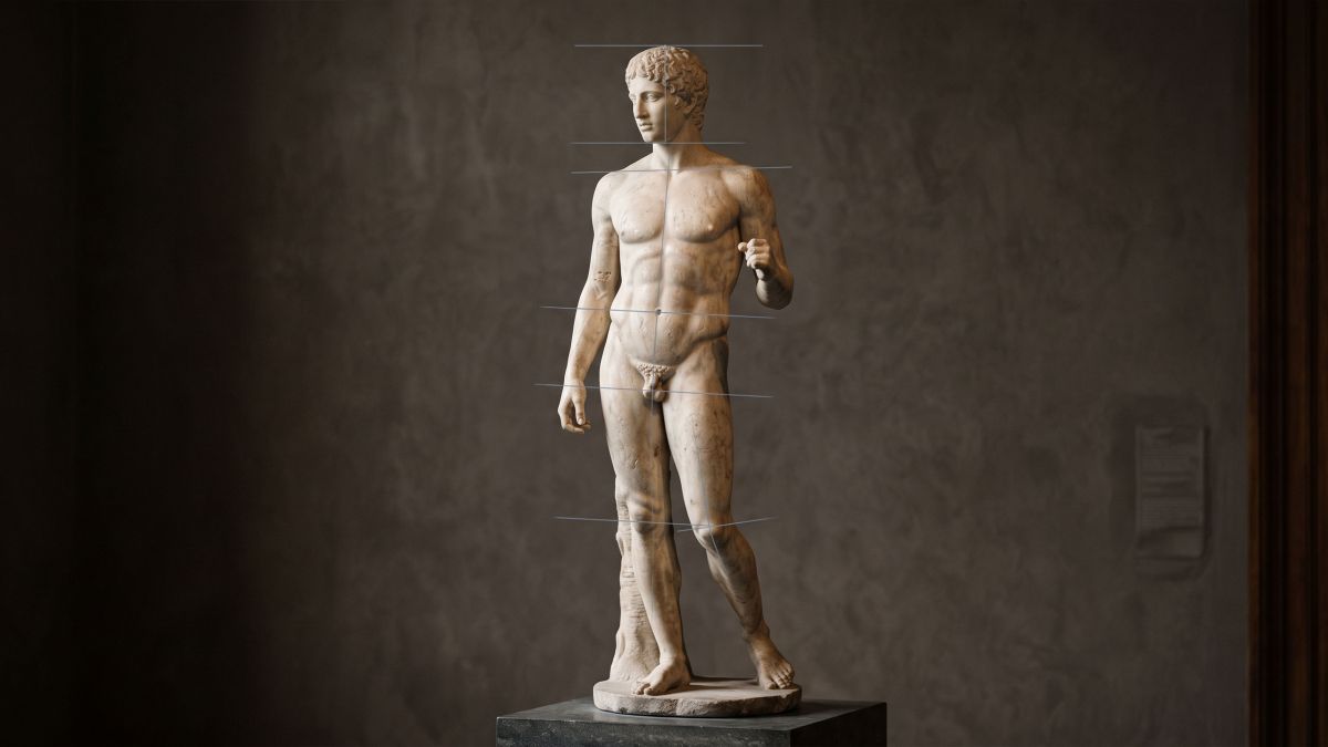 Classical Greek marble male figure with proportion guide lines showing the ancient canon of body measurement